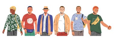 Moda Erkek Karakterleri Grubu. Moda Kıyafetli Modern Genç Adam. Hippiler Bir arada Duruyor. Farklı Saç Tarzları, Cilt ve Kıyafet Giyen Etnik Adamlar. Düz Vektör İllüstrasyonu