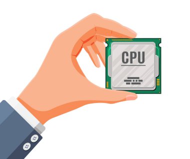 Bilgisayar işlemci çipi elinde. PC Hırdavat. Kişisel Bilgisayar 'ın bileşenleri. İşlemci Simgesi. Yüksek Teknoloji Mikroişlemcisi. Çip Cihaz Elde. Çizgi film Düz Vektör İllüstrasyonu