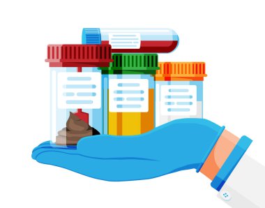 Caps 'li test tüpleri. Dışkı, kan, idrar ve sperm. Tıbbi teçhizat. Jinekolojik analiz için numune kapları. Laboratuvarda biyomateryal analizi yapılan plastik kaplar. Düz Vektör İllüstrasyonu