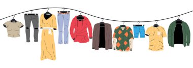 Erkek ve Kadın Elbiseleri askıda. Ev ya da Dükkan Gardırobu. Kıyafetler ve aksesuarlar. Çeşitli Asılı Kıyafetler. Ceket, gömlek, kot pantolon, pantolon. Çizgi film Düz Vektör İllüstrasyonu