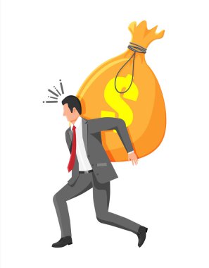 Sırtında Para Çantası ve Dolar İşareti Taşımakta zorlanan İşadamı. İş adamı ağır para çuvalını sürüklüyor. Vergi, Borç, Ücret, Kriz ve İflas. Düz Vektör İllüstrasyonu