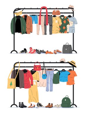 Elbiseler ve aksesuarlar askıda asılı. Ev ya da Dükkan Gardırobu. Kıyafetler ve aksesuarlar. Çeşitli Asılı Kıyafetler. Ceket, gömlek, kot pantolon, pantolon, çanta, ayakkabı ve şapka. Çizgi film Düz Vektör İllüstrasyonu