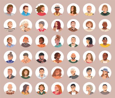 Farklı İnsanlar Görseller. Çember Kullanıcı Portreleri. Erkek ve Kadın Karakterler. Moda Kıyafetli Kadın ve Erkek. Farklı saç stilleri ve etnik kökenleri olan erkekler ve kızlar. Düz Vektör İllüstrasyonu