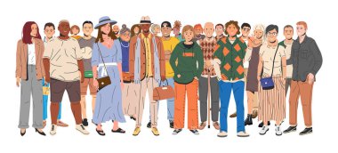 Diverse Multicultural and Multiracial People Group. Man and Woman in Trendy Outfit Standing Together. People with Different Hairstyles and Ethnicities in Casual Clothes. Flat Vector Illustration