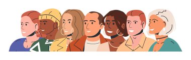 Diverse Multicultural and Multiracial People Group. Man and Woman in Trendy Outfit Standing Together. People with Different Hairstyles and Ethnicities in Casual Clothes. Flat Vector Illustration