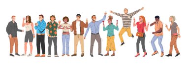 Mutluluk Duyguları Sembolleri. Çeşitli İnsanlar Pozitif Vücut Dili Hareketleri Gösteriyor. Kadın ve Erkek Zafer, Kalp, Sevgi ve Başparmak Yukarı Sembolleri Gösteriyor. Mutlu İnsanlar. Çizgi film Düz Vektör İllüstrasyonu