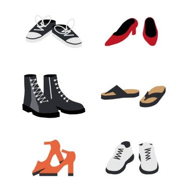 Set of Different Shoes Isolated. Boots, Sneakers, Oxford, Topsider, High Heel, Flip Flops. Woman Footwear Collection. Different Female Shoes, Side View. Cartoon Flat Vector Illustration