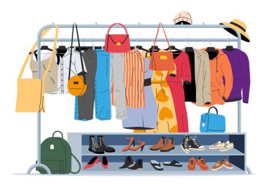 Elbiseler ve aksesuarlar askıda asılı. Ev ya da Dükkan Gardırobu. Kıyafetler ve aksesuarlar. Çeşitli Asılı Kıyafetler. Ceket, gömlek, kot pantolon, pantolon, çanta, ayakkabı ve şapka. Çizgi film Düz Vektör İllüstrasyonu