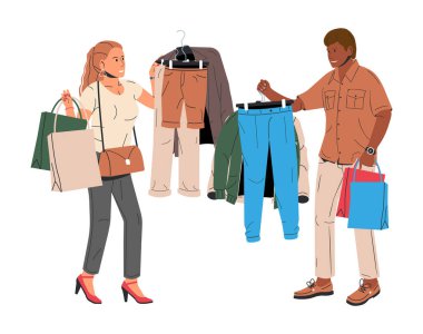 Moda Çifti Elbiseli Paketler. Alışveriş yaptıktan sonra Afrikalı Amerikalı kadın ve beyaz adam. Moda giysiler içindeki şık insanlar. Kadın ve Erkek Karakterleri. Düz Vektör İllüstrasyonu