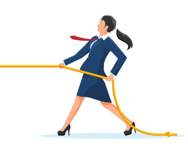 İş kadını halat çekme. Kadın römorkör. İş Hedefi, Rekabet, Rekabet, Çatışma. Mücadele ve Mücadele. Başarı, Amaç Başarı. Düz Vektör İllüstrasyonu