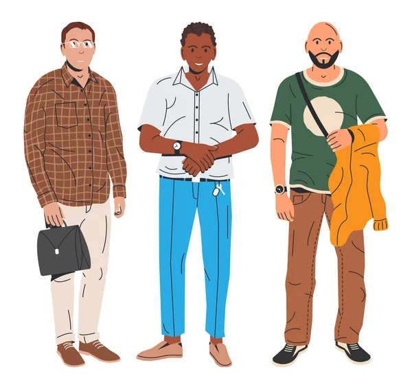 Três Homens Juntos Grupo Homens Diferentes Nacionalidades Raças Casual Sorrindo —  Vetores de Stock