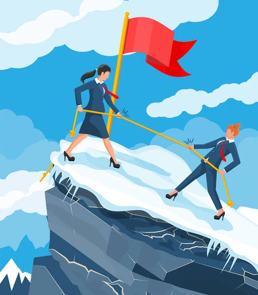 Een Groep Zakenvrouwen Klimt Mountain Peak Symbool Van Teamwerk Overwinning — Stockvector