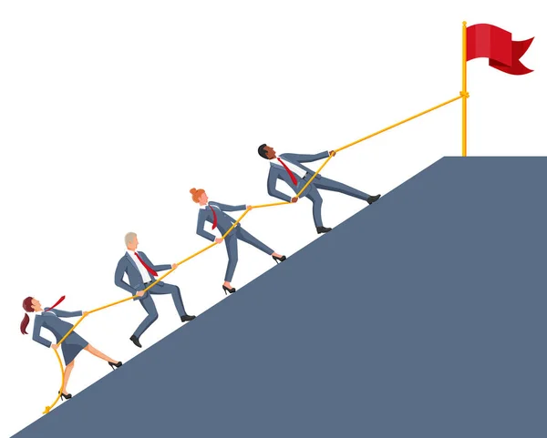 ビジネス人々のグループ山のピークに登る チームワーク 成功したミッション 目標と達成のシンボル 裁判とテスト ビジネスの成功 平面ベクトルイラスト — ストックベクタ