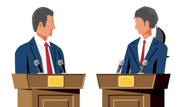 Mannelijke Vrouwelijke Kandidaten Bij Rostrums Met Microfoons Politiek Discussiëren Tussen — Stockvector