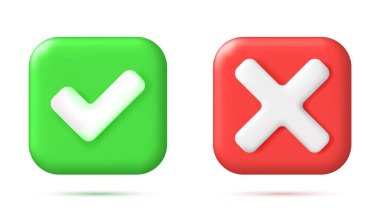 Kare şeklindeki 3B Doğru ve Yanlış Düğme. Yeşil Evet ve Kırmızı Hayır Yanlış İşaret. İşaretli Tik Reddetme, İptal, Hata, Durma, Olumsuz, Anlaşma Onayı veya Güven Sembolü. Vektör İllüstrasyonu