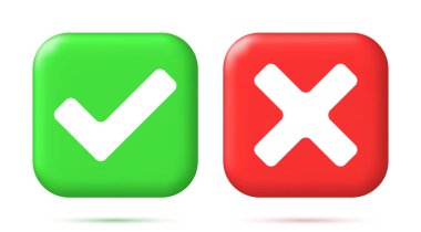 Kare şeklindeki 3B Doğru ve Yanlış Düğme. Yeşil Evet ve Kırmızı Hayır Yanlış İşaret. İşaretli Tik Reddetme, İptal, Hata, Durma, Olumsuz, Anlaşma Onayı veya Güven Sembolü. Vektör İllüstrasyonu