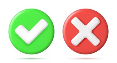 Yuvarlak şekilli 3D Doğru ve Yanlış Düğme. Yeşil Evet ve Kırmızı Hayır Yanlış İşaret. İşaretli Tik Reddetme, İptal, Hata, Durma, Olumsuz, Anlaşma Onayı veya Güven Sembolü. Vektör İllüstrasyonu