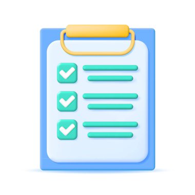 Kontrol Listesi Sembollü 3D Kağıt Kağıt Tutucu. Kağıt Sayfa ve Yeşil İşaretli Simge panosu. 3D Çalışma Projesi Planı, Üretim Kontrol Listesi. Yapılacaklar Listesi Yönetimi. Vektör İllüstrasyonu