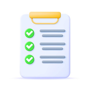 Kontrol Listesi Sembollü 3D Kağıt Kağıt Tutucu. Kağıt Sayfa ve Yeşil İşaretli Simge panosu. İşaretli Kene Doğrulama. Doğru seçim. Anlaşma, Onay ya da Güven. Vektör İllüstrasyonu