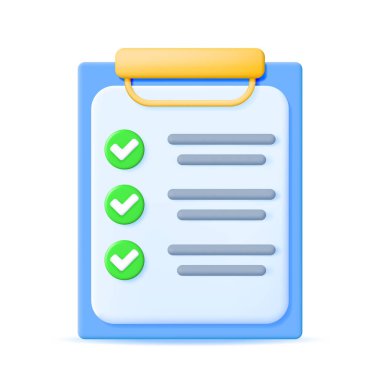 Kontrol Listesi Sembollü 3D Kağıt Kağıt Tutucu. Kağıt Sayfa ve Yeşil İşaretli Simge panosu. 3D Çalışma Projesi Planı, Üretim Kontrol Listesi. Yapılacaklar Listesi Yönetimi. Vektör İllüstrasyonu