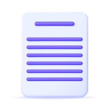 Metin satırı izole edilmiş 3D beyaz kağıt. Beyaz Sayfayı Mor Metin ile Hazırla. Belge Mockup Şablon Simgesi. Gerçekçi Vektör İllüstrasyonu