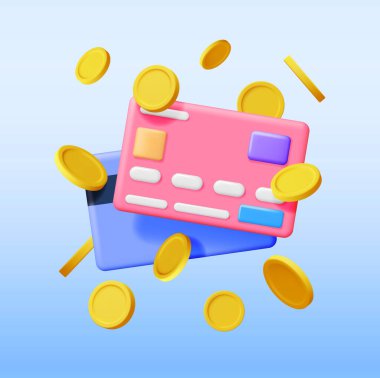 3D Havadaki Para Bankası Kartı. Chip ve Gold Coin 'li Render Card. İş Finans, Çevrimiçi Alışveriş ve Bankacılık. Nakitsiz ödeme. Finansal işlemler, para transferi. Vektör İllüstrasyonu