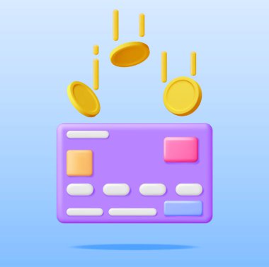 3D Havadaki Para Bankası Kartı. Chip ve Gold Coin 'li Render Card. İş Finans, Çevrimiçi Alışveriş ve Bankacılık. Nakitsiz ödeme. Finansal işlemler, para transferi. Vektör İllüstrasyonu