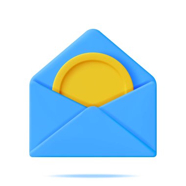 3 Boyutlu Zarfın İçinde Altın Para Açılıyor. Mavi Kağıt Mektubu Nakitle Hazırla. Para Birikimleri, Hediye, Yardım Sembolü, Bağış ve İnsanlık. Vektör İllüstrasyonu