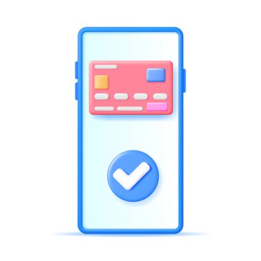 3D Smartphone, Banka Kartı ve Onaylı Kontrol Damgası Beyaz 'da İzole Edildi. Dijital Ödemeler. Finans, Çevrimiçi Alışveriş ve Bankacılık. Nakitsiz ödeme. Güvenli işlemler, para transferi. Vektör İllüstrasyonu