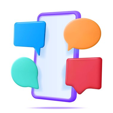 Metin köpüklü 3 boyutlu akıllı telefon izole edildi. Uçan Sohbet Şeklinde Akıllı Telefon Oluştur. Balon iğnesi. Tebligat Mockup. İletişim, Web, Sosyal Ağ Medyası. Gerçekçi Vektör İllüstrasyonu.