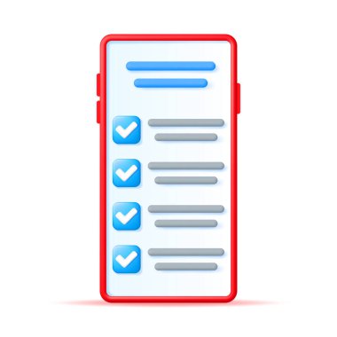 Checkmark Uygulaması ile 3D Akıllı Telefon izole edildi. Mavi İşaret Simgesi ile Cep Telefonu Hazırla. İşaretli Kene Doğrulama. Doğru seçim. Anlaşma, Onay ya da Güven. Vektör İllüstrasyonu