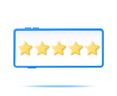 Müşteri geribildirimli 3 boyutlu akıllı telefon izole edildi. Oyuncak Yıldızı 'nın telefon gerçekçi yorumunu gözden geçiriyor. İfadeler, Değerlendirme, Geribildirim, Anket, Kalite ve Gözden Geçirme. Başarı ya da Gol. Vektör İllüstrasyonu