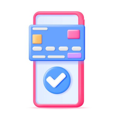 3D Smartphone, Banka Kartı ve Onaylı Kontrol Damgası Beyaz 'da İzole Edildi. Dijital Ödemeler. Finans, Çevrimiçi Alışveriş ve Bankacılık. Nakitsiz ödeme. Güvenli işlemler, para transferi. Vektör İllüstrasyonu