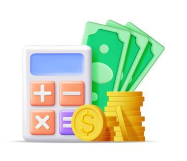 3D Modern Para ve Faturaları İzole Edilmiş Hesap Makinesi. Matematik. Paralı Finansal Matematik Aygıtı. Bütçe ve Tasarruf Konsepti. Nakit ve Vergi, Mali Yönetim. Vektör İllüstrasyonu