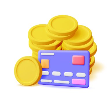 3D banka kartı ve para yığını. Chip ve Gold Coin 'li Render Card. İş Finans, Çevrimiçi Alışveriş ve Bankacılık. Nakitsiz ödeme. Finansal işlemler, para transferi. Vektör İllüstrasyonu