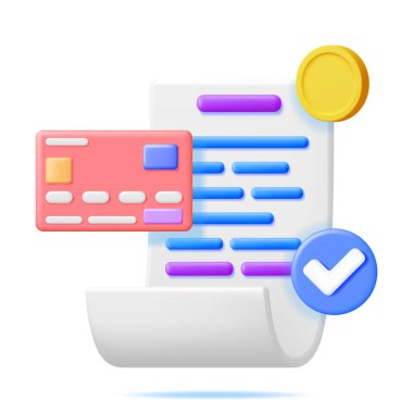 Checkmark, Coin ve Bank Card ile 3D Beyaz Fiş. Başarı Finansal İşlem. Kağıt Fatura ve Para Hazırla. Bütünüyle Bill. Çevrimiçi alışveriş, ödeme, çıkış, para transferi. Vektör İllüstrasyonu