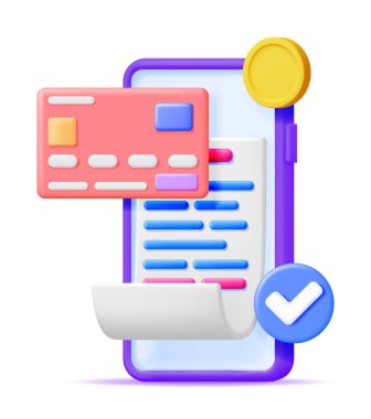 Kağıt Bill 'li 3D akıllı telefon, banka kartı ve bozuk para izole edildi. Render Cep Telefonu ve Kağıt Fatura. Çevrimiçi alışveriş, ödeme, çek, para transferi çeki. Nakit ve İade. Vektör İllüstrasyonu