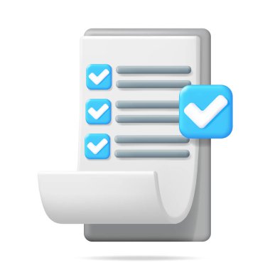 Kontrol Listesi Sembollü 3D Kağıt Kağıt Tutucu. Kağıt Sayfa ve Mavi Hesap Simgesi olan pano. İşaretli Kene Doğrulama. Doğru seçim. Anlaşma, Onay ya da Güven. Vektör İllüstrasyonu