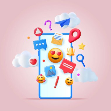 3D Sosyal Medya Kavramı izole edildi. Renkli Sosyal Ağ Simgesi ile Akıllı Telefon Oluştur. Sohbet Balonu, Düğme Gibi, Ünlem Soru İşareti, Tebligat Çanı. Çevrimiçi İletişim. Vektör İllüstrasyonu