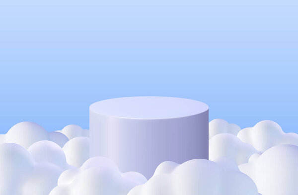3D Blue Podium in Fluffy Clouds Background. Render Podium in Cloudy Scene. Abstract Platform in Blue Sky with Cartoon Clouds. Product Display Presentation Advertisement. Realistic Vector Illustration