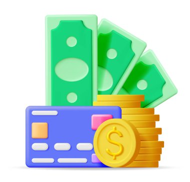 3D banka kartı ve para yığını. Chip, Coin, Banknotes ile Kredi Kartı Yapılandır. İş Finans, Çevrimiçi Alışveriş, Bankacılık. Nakitsiz ödeme. Finansal işlemler, para transferi. Vektör İllüstrasyonu