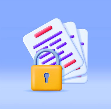 Asma kilidi olan 3D belge izole edildi. Kağıt Yaprak ve Pad Lock 'u Yapılandır. İş Güvenliği, Veri Koruma ve Gizlilik kavramı. Güvenlik, Şifreleme ve Mahremiyet. Vektör İllüstrasyonu