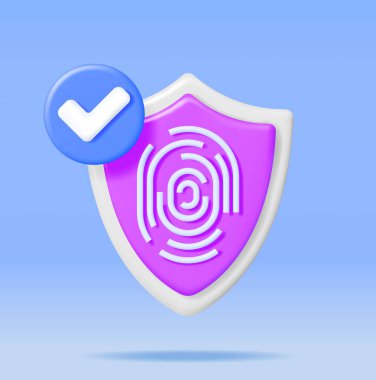 Shield 'da Checkmark ile birlikte 3 boyutlu parmak izi. Kalkanı Parmak İzi ile Hazırla. Bilgisayar Veri Koruma Güvenliği ve Gizlilik. Kullanıcı Giriş Biyometrik Yetkilendirmesi. Vektör İllüstrasyonu