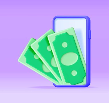 Ekranda dolar banknotları olan 3D telefon izole edildi. Akıllı Telefon Dijital Cüzdanı Oluştur. Dolar Faturaları ve Cep Telefonu. Büyüme, gelir, tasarruf, yatırım, mevduat. Mobil Bankacılık. Vektör illüstrasyonu.