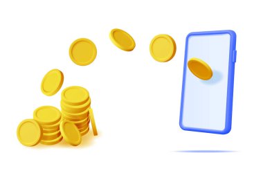 3D uçan sikkeler ve akıllı telefon izole edildi. Render Para Aktarımı Konsepti. Uygulama yoluyla cep telefonuna para gönderme ve alma. Mobil Bankacılık, Para Borsası, Çevrimiçi Ödeme. Vektör İllüstrasyonu