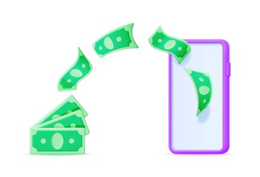 3D uçan dolar ve akıllı telefon izole edildi. Render Para Aktarımı Konsepti. Cep telefonu uygulaması üzerinden para gönderme ve alma. Mobil Bankacılık, Para Borsası, Çevrimiçi Ödeme. Vektör İllüstrasyonu
