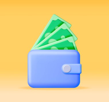 3D Banknotlar ve Deri Cüzdan. Para ve çanta. Ödeme Takas Konsepti. Sahte Para Faturaları. Büyüme, gelir, Tasarruf, Yatırım. Zenginliğin sembolü. İş Başarı. Vektör illüstrasyonu.