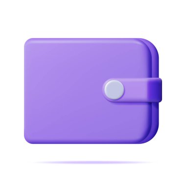 3 boyutlu Mor Deri Cüzdan izole edildi. Çanta Simgesini Clasp ile Hazırla. Para Nakiti ve Banka Kartı için Modern Finans Aksesuarı. Banknotları ve paraları depolamak ve taşımak. Vektör İllüstrasyonu