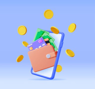 Cüzdanlı 3D Uçan Paralar ve Akıllı Telefon. Render Para Aktarımı Konsepti. Cep telefonu uygulaması üzerinden para gönderme ve alma. Mobil Bankacılık, Para Borsası, Çevrimiçi Ödeme. Vektör İllüstrasyonu