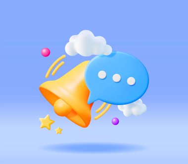 Bell Simgesi ile 3D Bildirim. Altın Render Zil Çalar. Altın Okul Çanı ve Chat Cloud Mockup. Alarm ve Alarm Sembolü. Sosyal Medya Ağı Bildirimi Hatırlatıcısı. Vektör İllüstrasyonu
